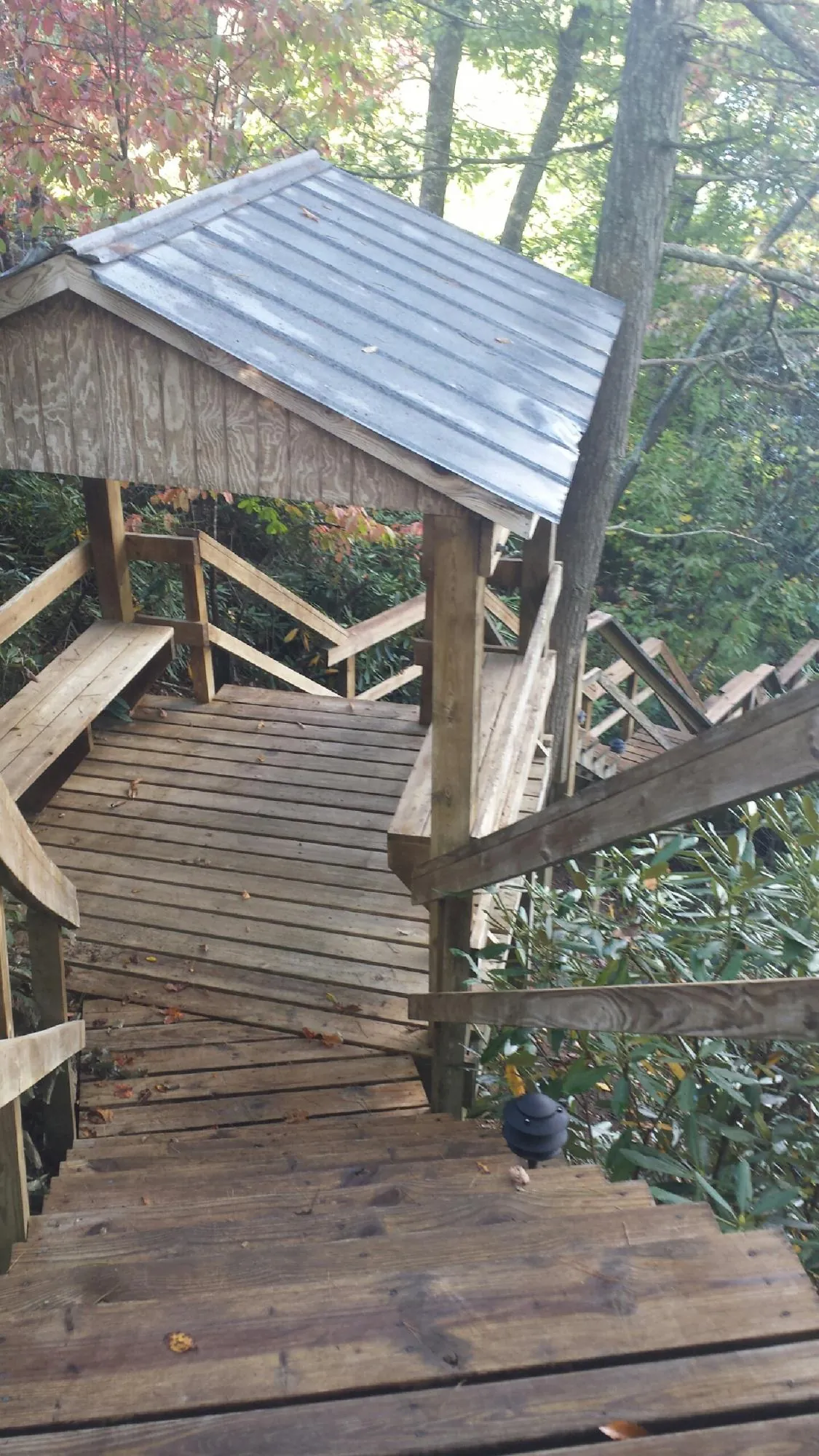 Metal roofed shelter over wooden steps on a wooded walkway — Skylight Repair & Installation work by our crew in Shortsville